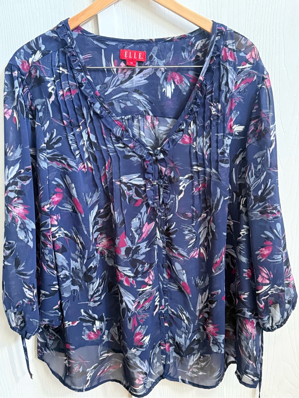 Elle Women's Blue Multi Floral Print V Neck 3/4 Sleeve Chiffon Blouse Size 2X